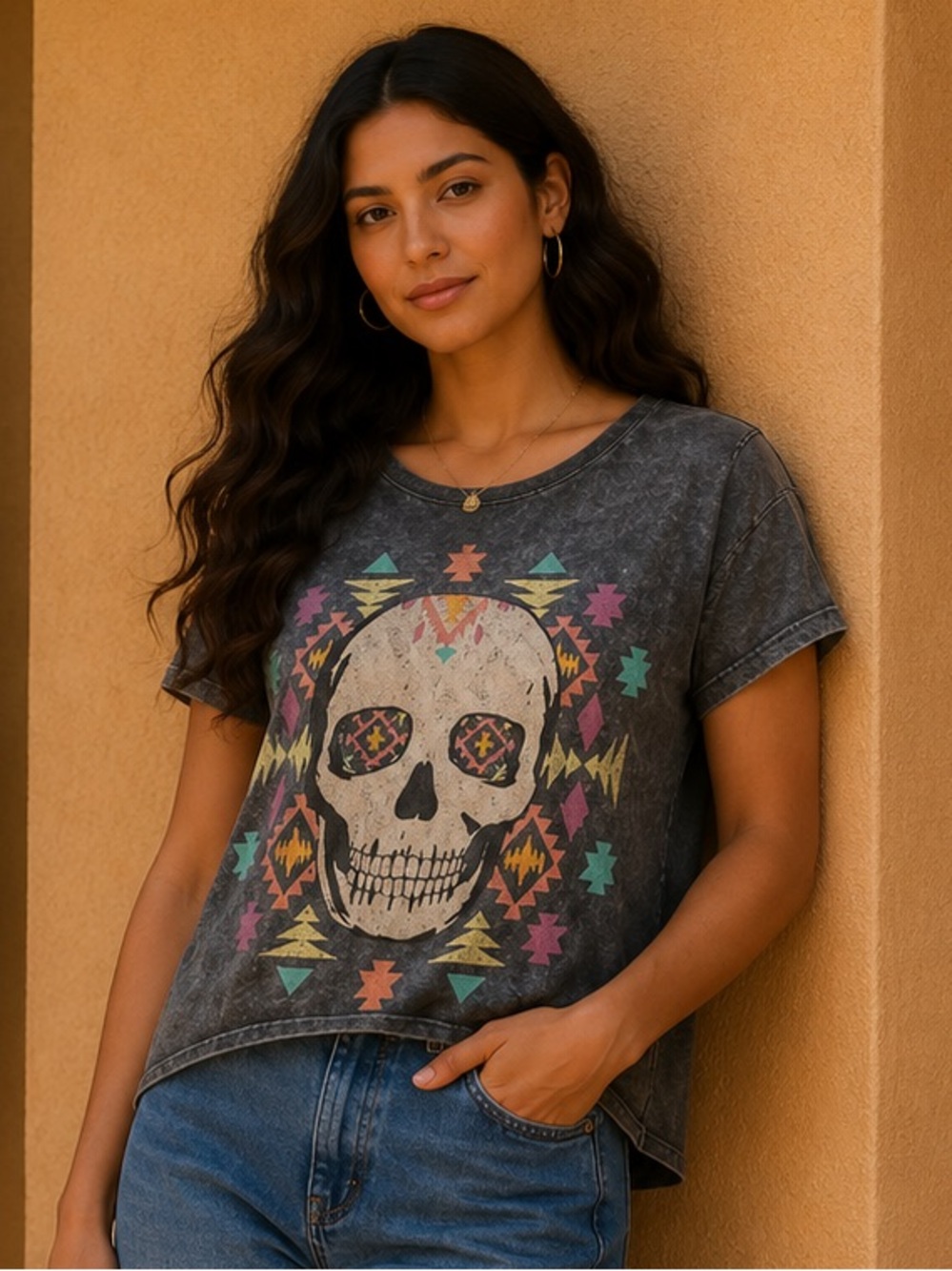 The Classic Charcoal Skull Graphic Tee Boho Aztec Print Women’s Size S